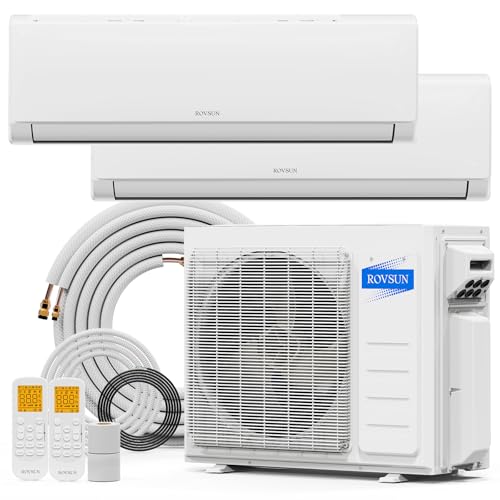 Image of ROVSUN 20000 BTU Dual Zone Mini Split AC /Heating System, 23 SEER2 2 Zone 9000 + 9000 BTU Ductless Split Air Conditioner with Pre-Charged Condenser, Heat Pump & 25Ft Copper Line Set, 208-230V