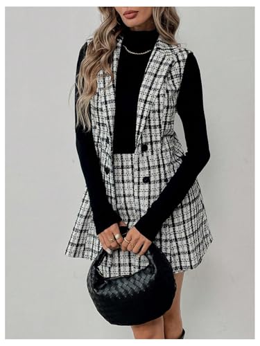 Floerns Women\'s 2 Piece Outfit Workwear Plaid Print Lapel Neck Vest Blazer and Skirt Set Dark Black X-Large