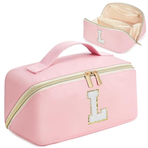 DTBG Pink Makeup Bag for Women, PU Leather Travel Toiletry Bags, Initial Make Up Cosmetic Pouch for Teen Girls, Wide Open Portable Skincare Bag, Personalized Birthday Graduation Gifts Ideal, L