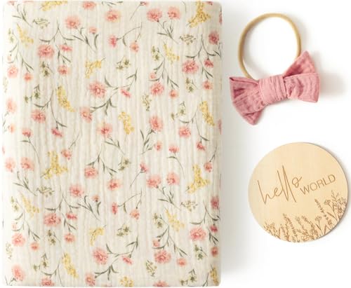 Image of Little Jump Baby Muslin Swaddle Blankets for Girls, Newborn Swaddle Set with Matching Headband Bow, 47 x 47 inches Floral Print Hospital Home-Coming Baby Announcement Blanket.(Floral)