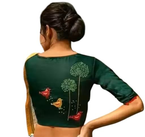 Embroidered Blouse, Green, Three Quarter Sleeve, Bird and Tree Design, Readymade Saree Blouse-picture-40