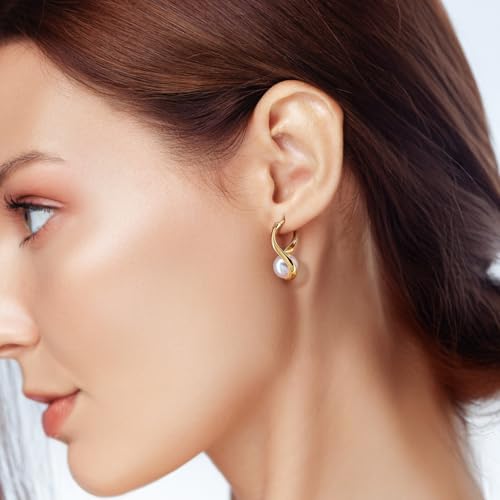 Pearl Earrings for Women Gold Hoop Earrings Solitaire 14K Gold Earrings for Women Teardrop-Shaped with Twisted Lines Eye-catching Pearl Drop Dangle Hoop Earring for Womens 6