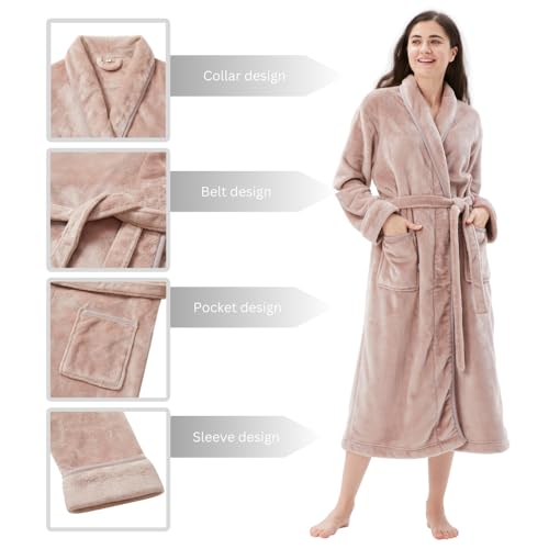 COOVA Women\'s Bathrobe Shawl Collar,Lounge Sleepwear Robe Side Pockets,Warm and Cozy,Large Taupe