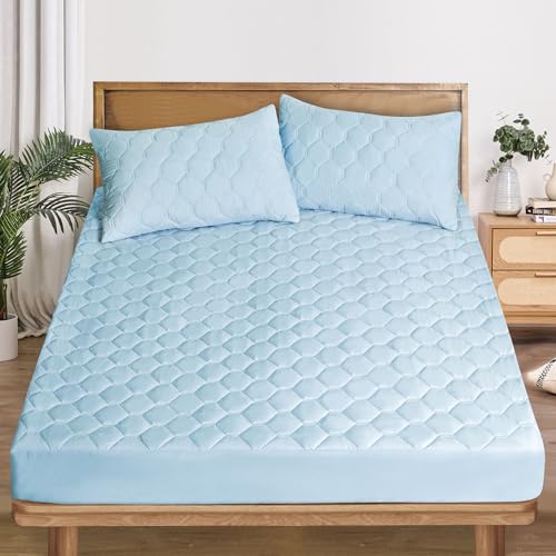 Yiiyookii Bedding Quilted Fitted Mattress Cover, Elastic Fitted Mattress Protector, Mattress Pad Stretches up to 12 Inches Deep, Machine Washable Mattress Topper (Blue, King)
