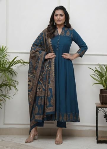 Image of GoSriKi Women's Rayon Viscose Anarkali Printed Kurta Pant with Dupatta | Anarkali Kurta Set for Women | Flared Kurti Pant Set | Ethnic Printed Suit for Women