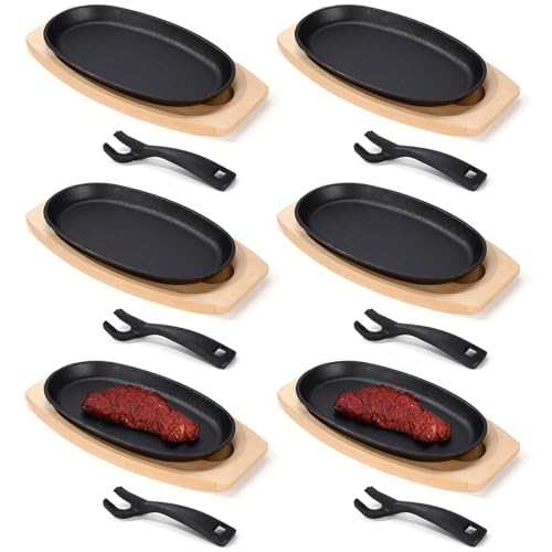 Image of Mifoci 12 Pieces Oval Cast Iron Fajita Skillet Pan Set Small Sizzling Steak Plate with Wooden Base and Handle Cast Iron Fajita Skillet Sizzling Plate for Home(9.5 in X 5.5 in,Natural Wood,6 Pcs)