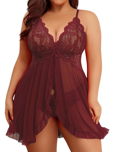 Image of Avidlove Plus Size Lingerie for Women Sexy Lingerie Dress Lace Babydoll Lingerie V-Neck Open Front Strap Nightdress