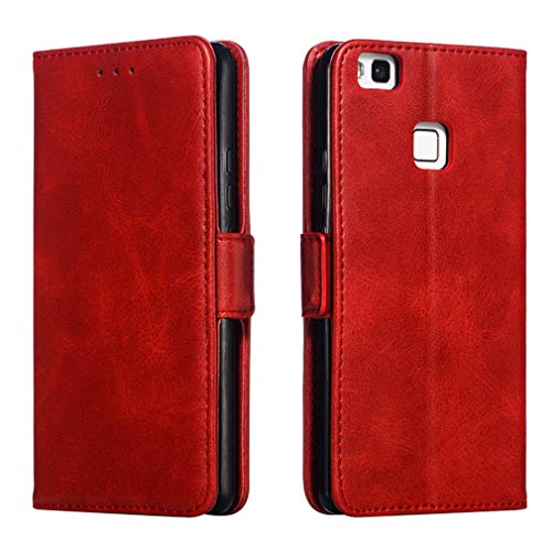 LMFULM® Hülle für Huawei P9 lite 2016 / VNS-L31 (5,2 Zoll) PU Leder Magnet Brieftasche Lederhülle Handytasche Standfunktion Ledertasche Flip Cover für Huawei P9 lite 2016 Rot