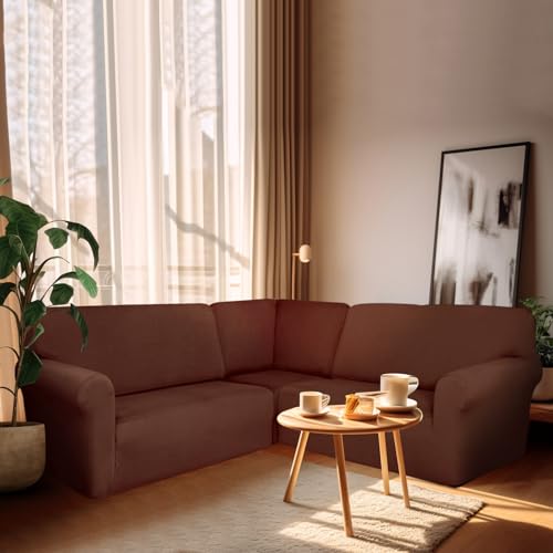 Breling 3 Pcs L Shaped Couch Covers for Sectional Corner Sofa Stretch 5 Seat Washable Corner Sofa Slipcover Sectional Couch Protector for Living Room(Brown,Milk Silk) by Breling - Image 6