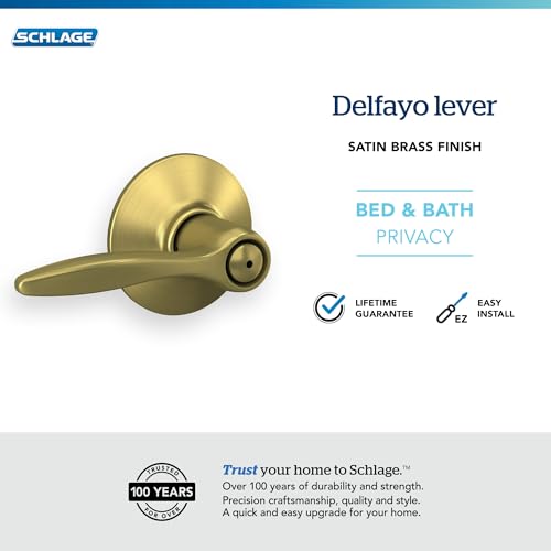 Image of Schlage Delfayo Bed /Bath Privacy Door Handle with Lock, Satin Brass | Interior bedroom or bathroom door lever with push button lock, Reversible, Easy install, Certified durability, Universal fit