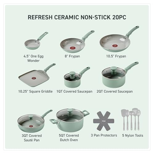 Image of T-Fal Refresh Ceramic Nonstick Cookware Set, 20-Piece, Oven Safe to 350F, Stockpot, Ceramic Pots and Pans Set, Frying Pans, Griddle, Utensils, Mint Green