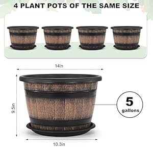 Quarut Large Plastic 4 Pack14 inch Plant PotsWhiskey Barrel Planters with Drainage Holes SaucerFlower Pots Imitation Wine Barrel Design for Indoor Outdoor Garden Balcony Plants5 GallonsBrown