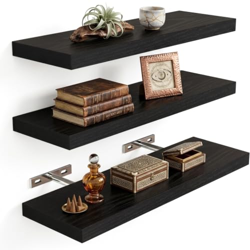 Image of 3 Pack Black Floating Shelves Wall Mounted, 40cm Wood Wall Shelves Set