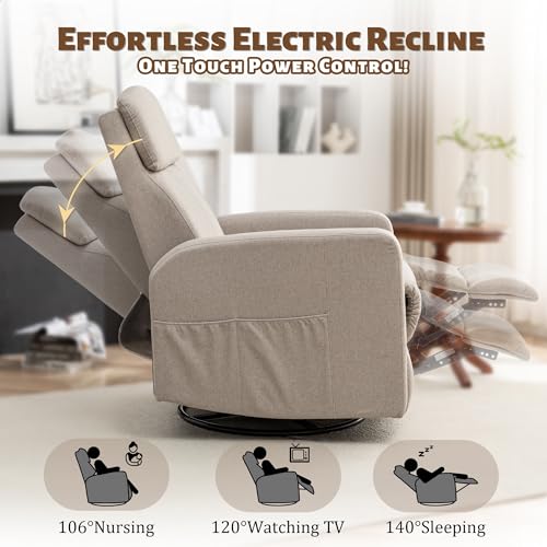Power Swivel Recliner Chairs for Adults, Electric Glider Rocking Chair Nursery, Glider Recliner Nursery Chair with Classified Side Pocket, Nursery Rocking Chairs with USB and Type-C Ports