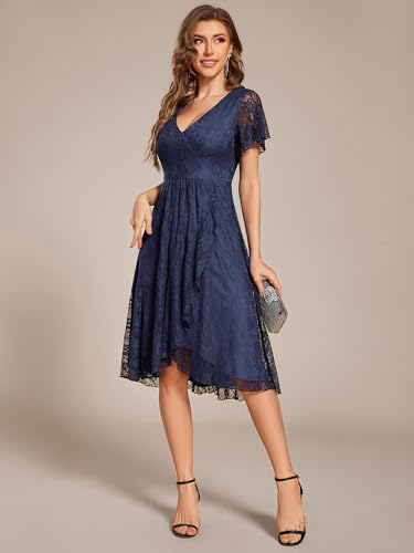Image of Ever-Pretty Women's V Neck Short Sleeves Lace A Line Hi-Lo Midi Semi Formal Dress 02489