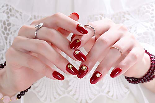 新しい品質 中位の長さ ネイルチップ パーティーネイル 和風 夢幻 結婚式、パーティー、二次会などに ネイルアート 手作りネイルチップ 両面接着テープ付き 24枚入 (ワインレッド リベット)