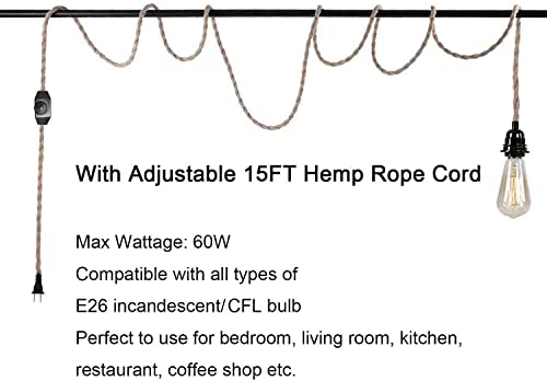 15Ft Pendant Light Cord Kit With Dimmer Switch, Twisted Hemp Rope Vintage Plug In Hanging Lighting, Industrial Lamp Socket Set E26, Extension Hanging Lantern Cable Fixture For Farmhouse, Retro Diy #TOP1