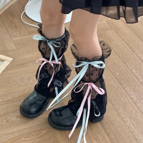 Image of Women Girls Lace Leg Warmers Y2k Kawaii Mesh Strappy Thigh High Slipper Socks Boot Socks