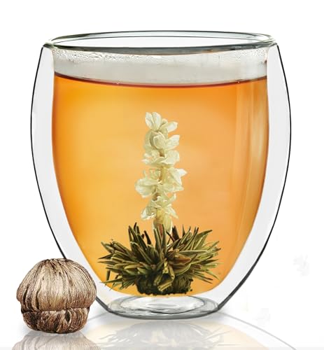 Creano Doppelwandiges Thermoglas bauchig XXL, Extra Großes Hitzebeständiges Kaffeeglas/Teeglas | 400ml inkl. einer Teeblume