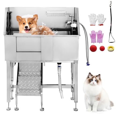 34" Pet Dog Bathing Station w/Stairs, Professional Stainless Steel Dog Grooming Tub w/Soap Box, Faucet,Rich Accessory, Pet Bathtub for Large,Medium,Small Pets, Washing Sink for Home Right
