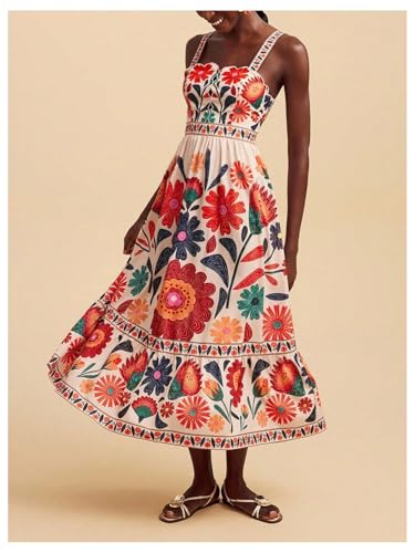 Image of RoseSeek Boho Floral Print Cami Spaghetti Strap Summer Vacation Dresses