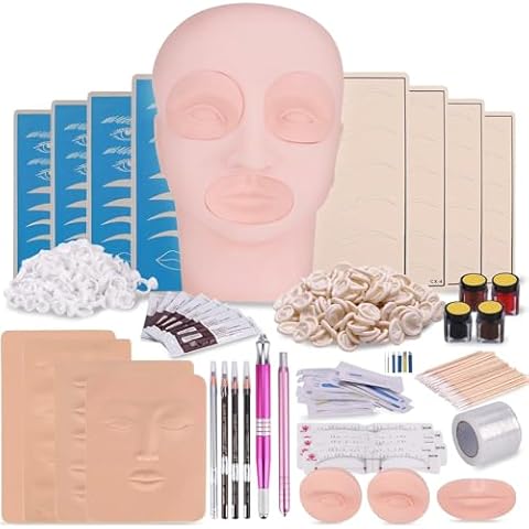 Microblading Practice Kit with Skin, Eyebrow Tattoo Kit, Flat Mannequin Head Lip Makeup with Eyebrow Blade Pen, Pigment Ink Ring, Training Practice Skin for Microblading Practice Permanent Makeup Cover