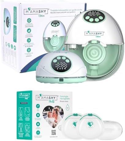 MAMASHY Unica Go – Tiralatte Elettrico Portatile e Silenzioso con 6 Taglie, Guida Vocale IT, 4 Modalità, 12 Intensità, 5 Adattatori Silicone, 2 Coppette Raccogli Latte, Accessori Inclusi