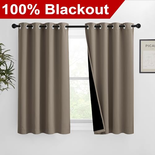 Image of NICETOWN 100% Blackout Curtains with Black Liners, Solid Thermal Insulated Full Blackout 2-Layer Lined Drapes, Energy Efficiency Window Draperies for Bedroom (2 Panels, 46 inch W by 54 inch L, Taupe)