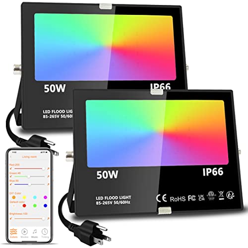 MELPO 500W Equivalent RGB LED Flood Light, 5000LM Smart Landscape Lighting with APP Control, IP66 Waterproof (2 Pack)