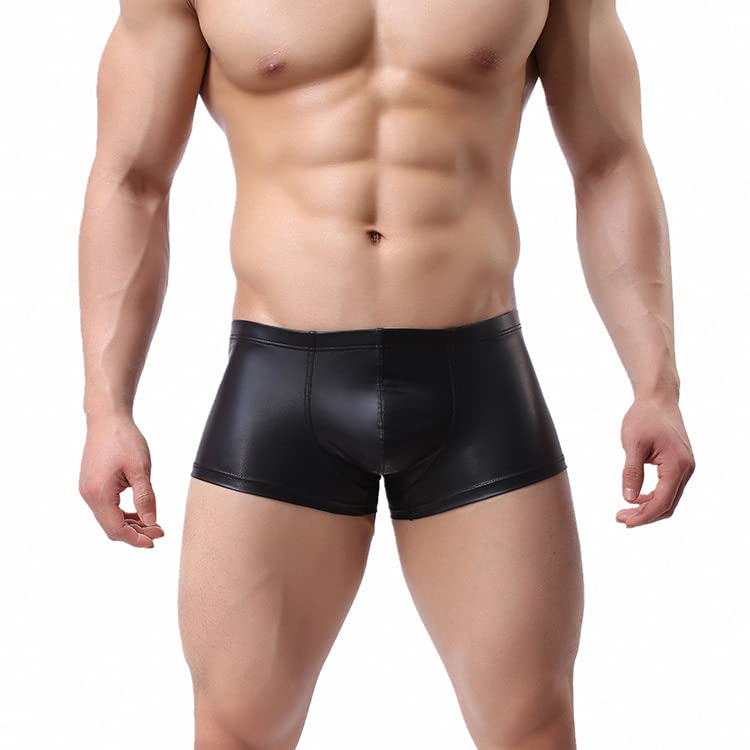 JFAN Herren Boxershorts mit Bulge Pouch Shiny Metallic Optik Sexy Unterwäsche für Männer（Schwarz,L