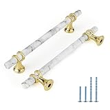 Rergy Cabinet Handles Marble Drawer Pulls and Knobs, 10Pack White Marble & Gold 5inch Hole Center, T-Bar Hardware for Kitchen Dresser Zinc Alloy Furniture
