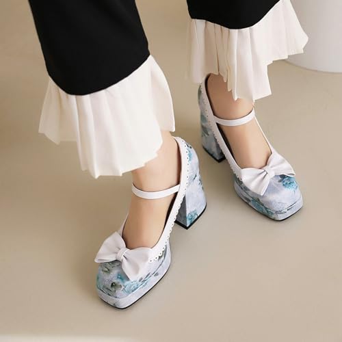 Aflngle Women's Bow Floral Print Mary Janes Shoes Square Toe Low Closed Platform Chunky Block Heel Ankle Strap Buckle Wedding Party Prom Dress Pumps3