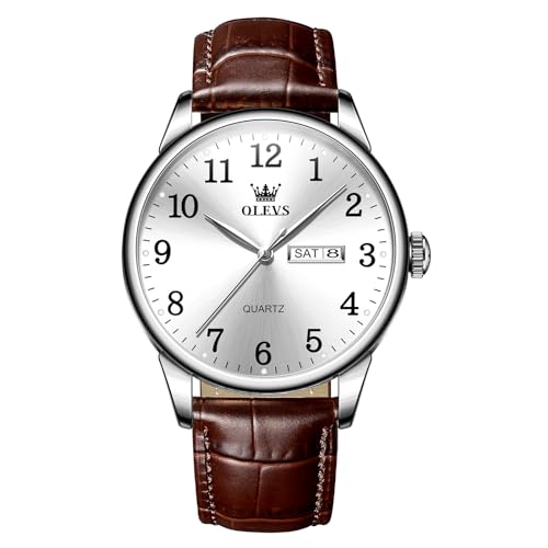 QBAIZI Mens Silver Watch Leather Band White Face Day Date Watch for Men Arabic Dial Round Business Mens Dress Watch Water Resistant Easy to Read Analog Quartz Wristwatch for Old Men