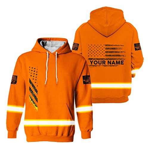 HiVis Custom Hi Viz Orange USA Flag High Visibility Hoodie Men Custom Name Class 3 Reflective Tape Safety Workwear For Workers, Patriotic, Operator, Truckers