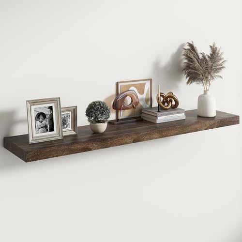 Image of RICHFOCUS Elm Floating Shelves for Wall - 48 inch W x 9.3 inch D Rustic Solid Wood Shelves with Invisible Bracket, Wall-Mounted for Living Room, Bedroom, Kitchen Storage & Display, Set of 1, Walnut