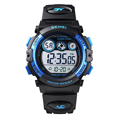 Montre Enfant Garcon Fille pour 5-16 Ans, Montre Numérique Enfant étanche 5ATM avec Alarme/Date/Chronomètre/LED (Bleu Noir) Cover