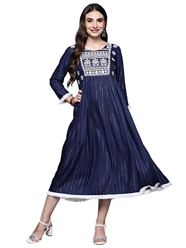 Image of INDO ERA Women's A-Line Striped Viscose Rayon Ethnic Dresses for Women