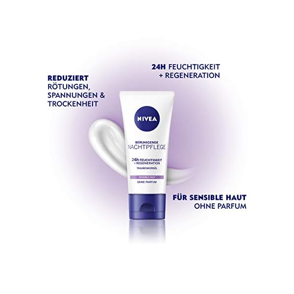 NIVEA Beruhigende Nachtpflege 24h Feuchtigkeit + Regeneration (50 ml), Gesichtscreme für sensible Haut, Nachtcreme mit… – Bild 4