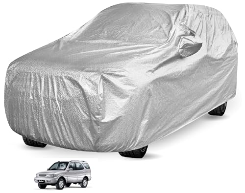 Image of Auto Hub Waterproof Car Cover Compatible with Tata Safari Dicor with Mirror Pockets, Soft Cotton Lining, Safari Dicor Car Cover Waterproof, Metallic Silver
