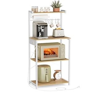 VASAGLE Kitchen Bakers Rack with Power Outlet, Coffee Bar 4-Tier with 8 S Hooks, Microwave Stand, Adjustable Shelf, for Small Spaces, Golden Oak and Cloud White UKKS014Y01V1