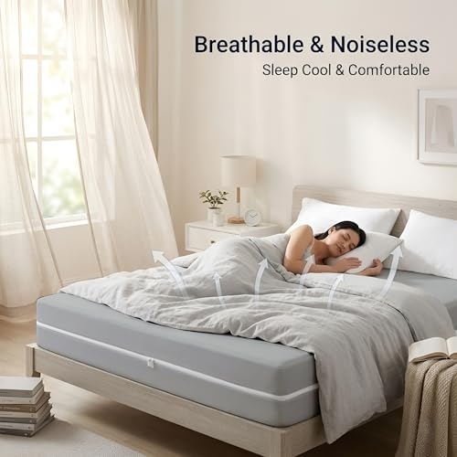 Image of 100% Waterproof Single Size Zipper Mattress Encasement - Ultra Soft & Breathable Six-Sided Bed Cover, Dustproof Noiseless Fitted Design, 78x36 Inch (6x6 Feet), Fits Up to 6 Inch Mattress, Silver