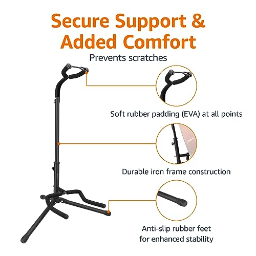 amazon basics height adjustable foldable guitar stand with secure support for acoustic electric bass and banjos sturdy black