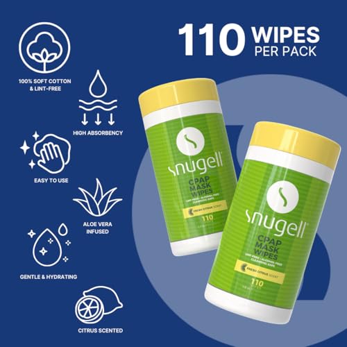 Image of Snugell Citrus Scented CPAP Mask Wipes - 110 Count - 100% Soft Cotton, Lint-Free, Alcohol-Free - Skin-Safe Formula with Aloe Vera - Easy-Open Canister for Cleaning CPAP Masks, Tubes, and Devices