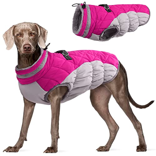 FUAMEY Dog Coat for Large Dogs,Waterproof Dog Winter Jacket with Harness Built in Puppy Cold Weather Coats Reflective Pet Vest with Zipper Warm Fleece Dogs Snowsuit Windproof Pink XXXL XXXL(