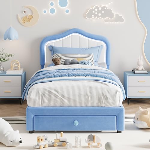 GAOMON Upholstered Twin Size LED Bed Frame with Storage Drawer, Velvet Platform Bed Frame for Kids, Wooden Slats Support, No Box Spring Needed, Easy A