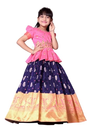 Image of Wommaniya Impex New south Indian traditional pattu pavadai Jecquard Lehenga choli for girls dress