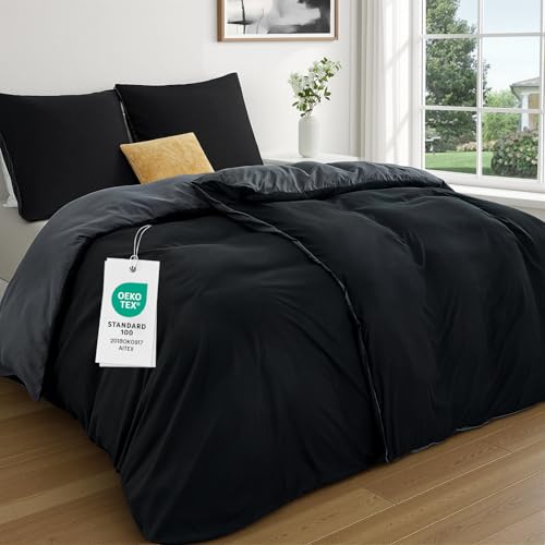Duvetnova Bettwäsche 135x200 4teilig Schwarz/Grau - Bettwäsche-Sets ÖKO-TEX Wendebettwäsche Superweich Angenehm 2 Bettbezüge 135 x 200 + 2 Kissenbezüge 80x80 mit Reißverschluss