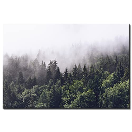 Image of Pine Tree Canvas Wall Art for Living Room Kitchen, Rustic Misty Foggy Forest Scenery Picture Wall Decor Nature Mountain Landscape Prints Poster Fall Trees Painting Modern Artwork Home Decoration 32x48 inch