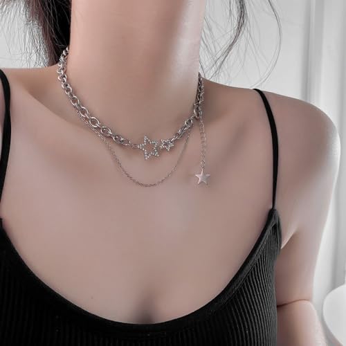 Double Layered Stacked Chunky Chain Choker Necklace For Women Y2k Star Statement Necklaces Silver Punk Asymmetric Diamond Necklace Jewelry3