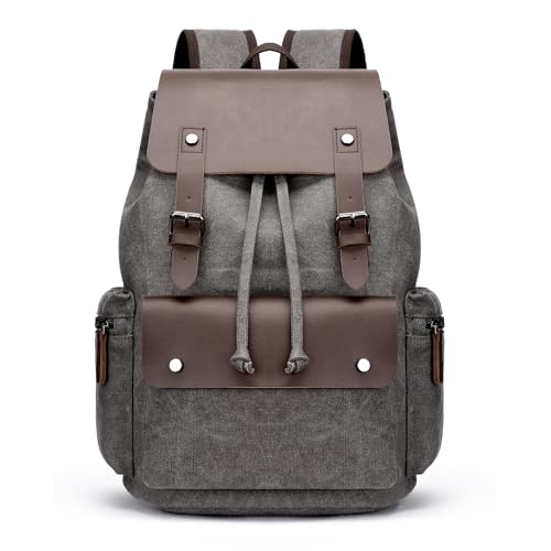Retro Canvas & Leather Laptop Backpack, Unisex 16 Inch Computer Bag for Work Travel & University, Vintage Style Rucksack
